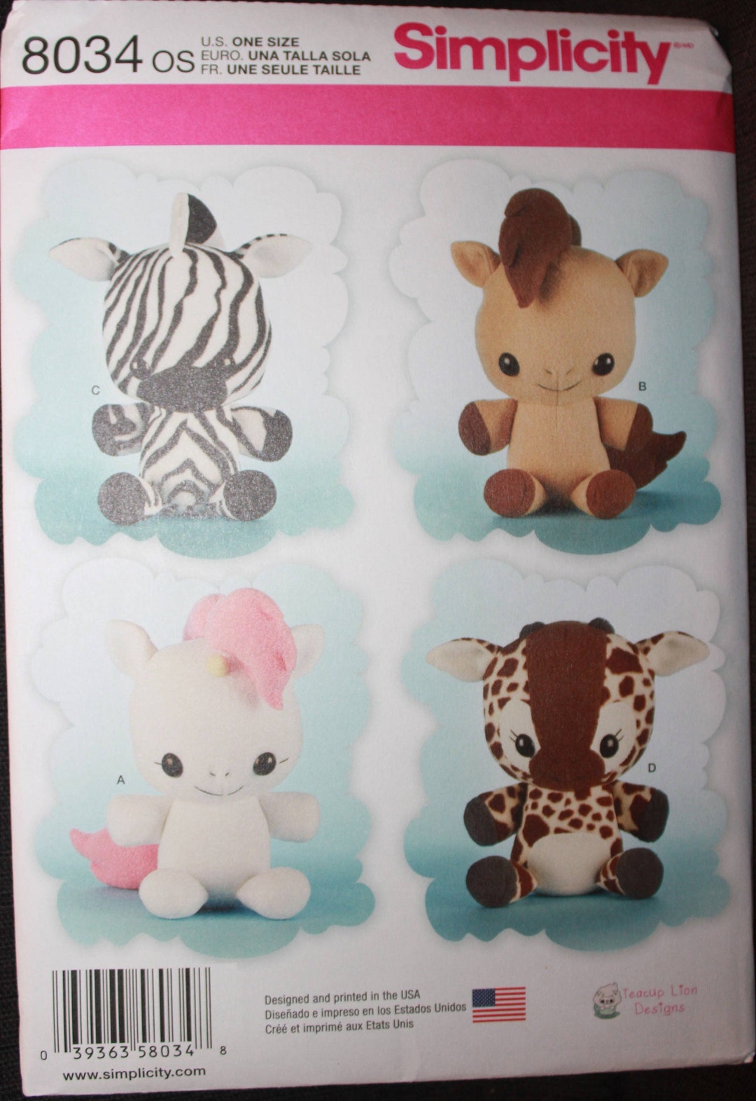 Simplicity Pattern 8034 Teacup Lion Designs Animal Stuffies Etsy