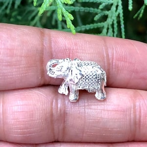 Puede incluir: Una pequeña y detallada figura de elefante plateado. El elefante tiene un cuerpo texturizado y está de pie con la trompa levantada. La figura es una representación en miniatura de un elefante.