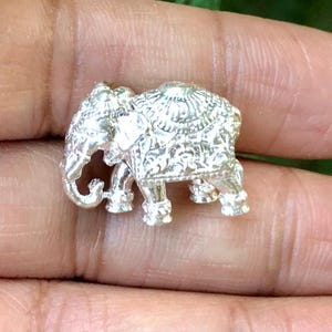Op de afbeelding: Een gedetailleerd zilveren olifantenbeeldje met ingewikkelde gravures. De olifant heeft een omhooggeheven slurf en gedetailleerde kenmerken, waaronder geëtste patronen op zijn lichaam en poten. Het beeldje is klein en lijkt van metaal te zijn.