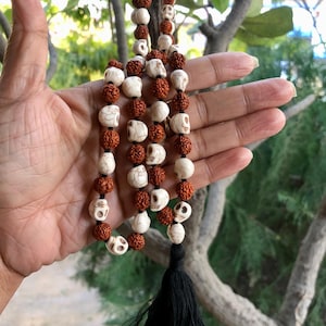 Natural Rudraksha Mala and Howlite Narmund blessed Mala, handknotted, Shiva’s rosary 108+1 seeds, rudraaksh japa jaap mala, Kali Kaali mala