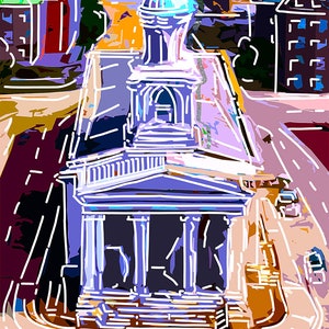 May include: An abstract illustration of a building with a domed top and columns, rendered in shades of blue, purple, and orange. White outlines define the architectural details. The image includes a road and other buildings.