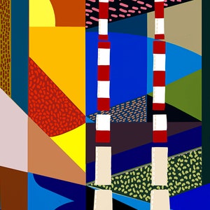 May include: Abstract geometric art print featuring two tall red and white striped towers against a colorful background of yellow, blue, green, and brown. The towers are set against a sunset sky with a yellow sun.