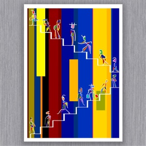 Può includere: Stampa artistica astratta con figure stilizzate che salgono e scendono le scale. L'opera d'arte utilizza una vivace tavolozza di colori primari, tra cui giallo, blu e rosso, con strisce verticali e scale bianche. Le figure sono delineate in nero.