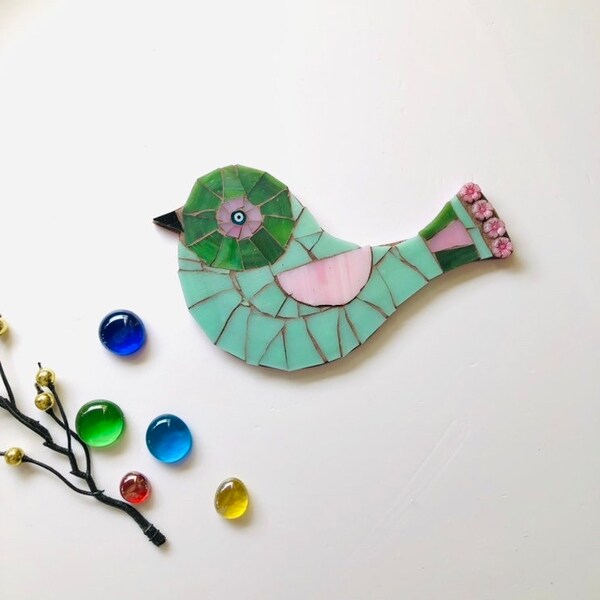 Handmade Bird Mosaic, Bird Wall Art, Folk Art Bird, Nature Lover Gift, Hanging Bird Ornament, Birthday Gift Idea.