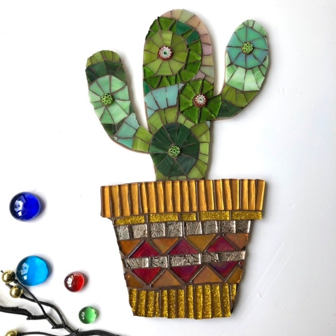 Mosaic Cactus Wall Art Glass Cactus Ornament Botanical Glass Etsy