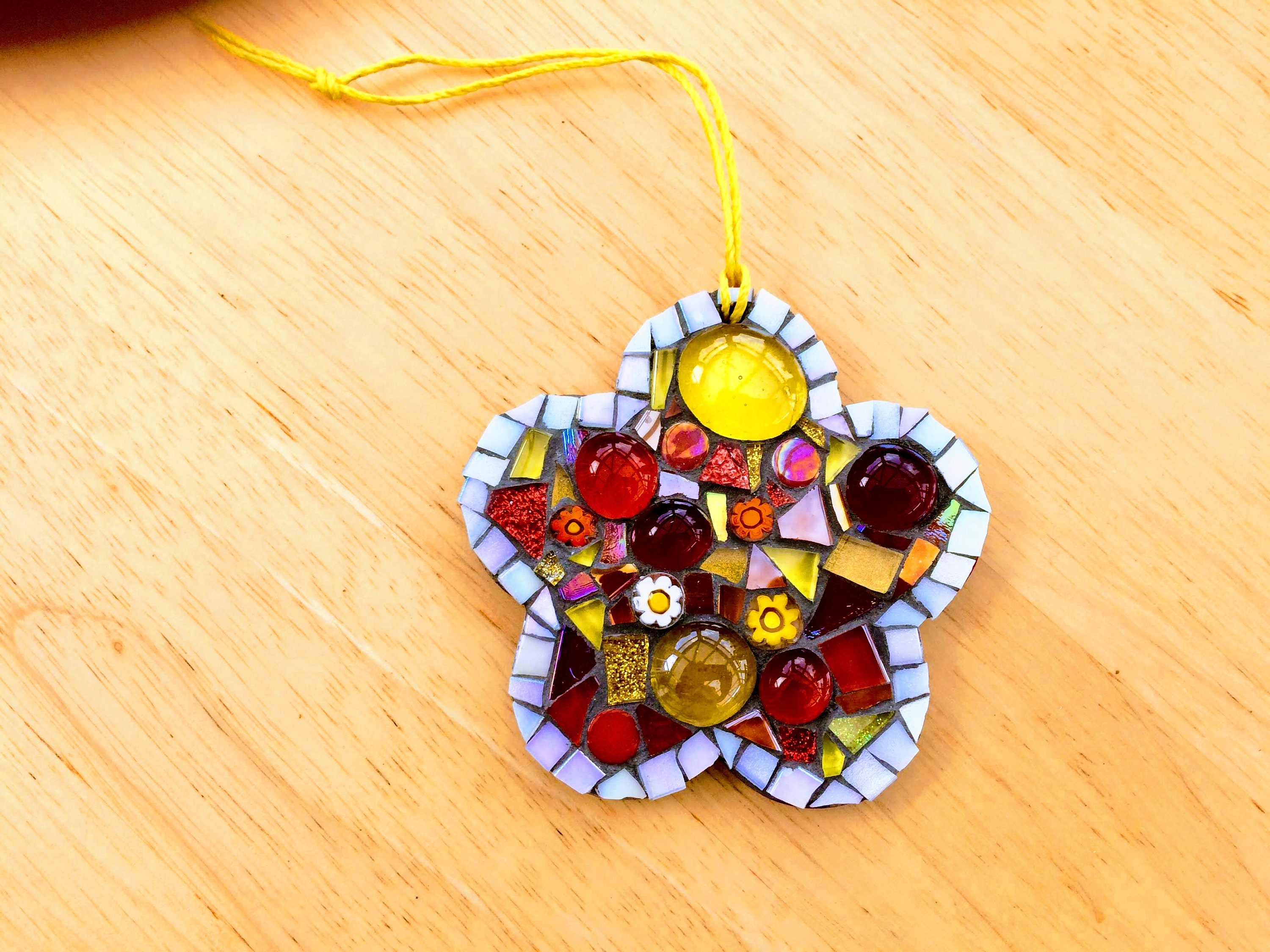 handmade glass mosaic hanging flower ornament red orange yellow
