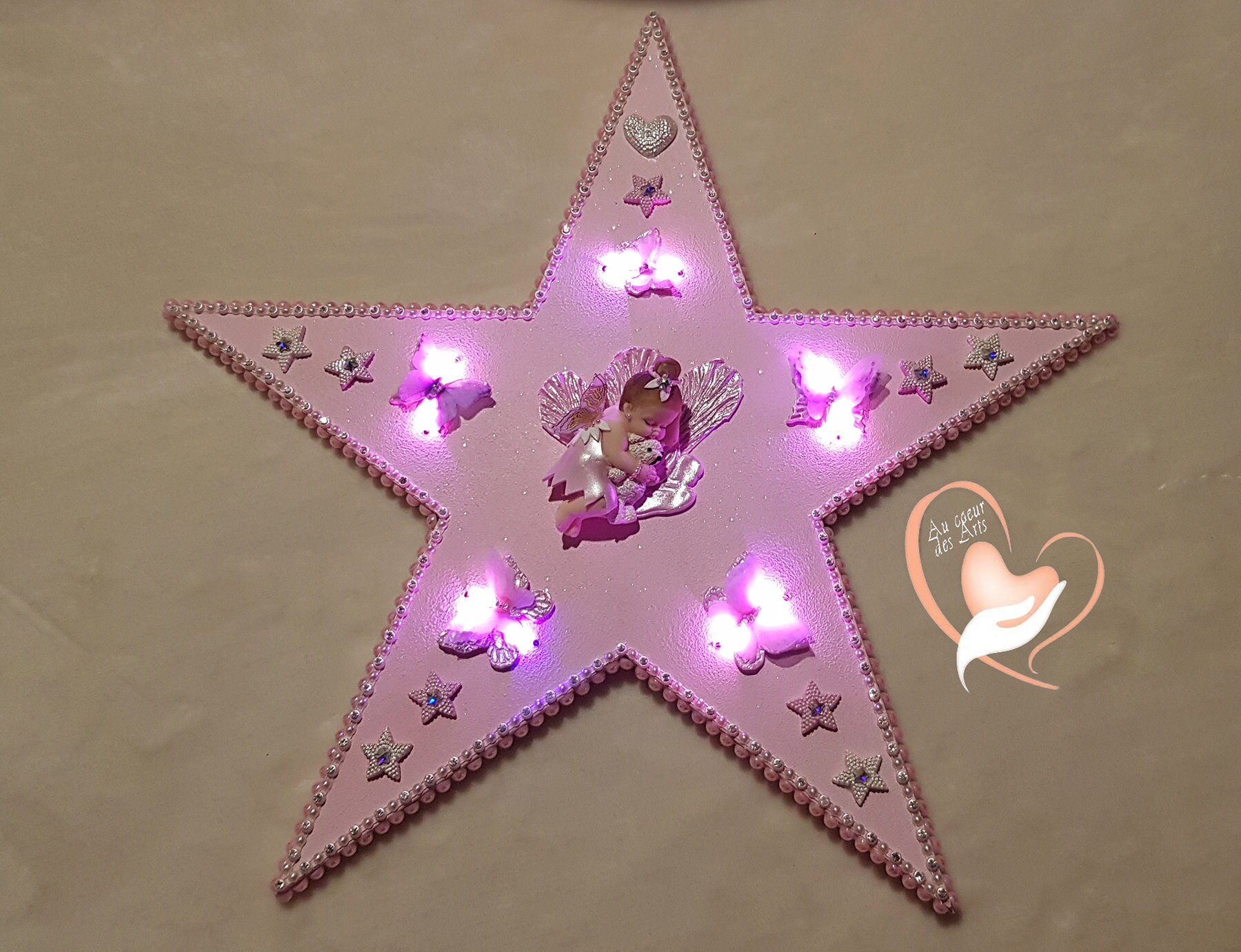 Etoile Lumineuse Plaque de Porte Bébé Fille Fée Clochette Rose - Au Coeur Des Arts