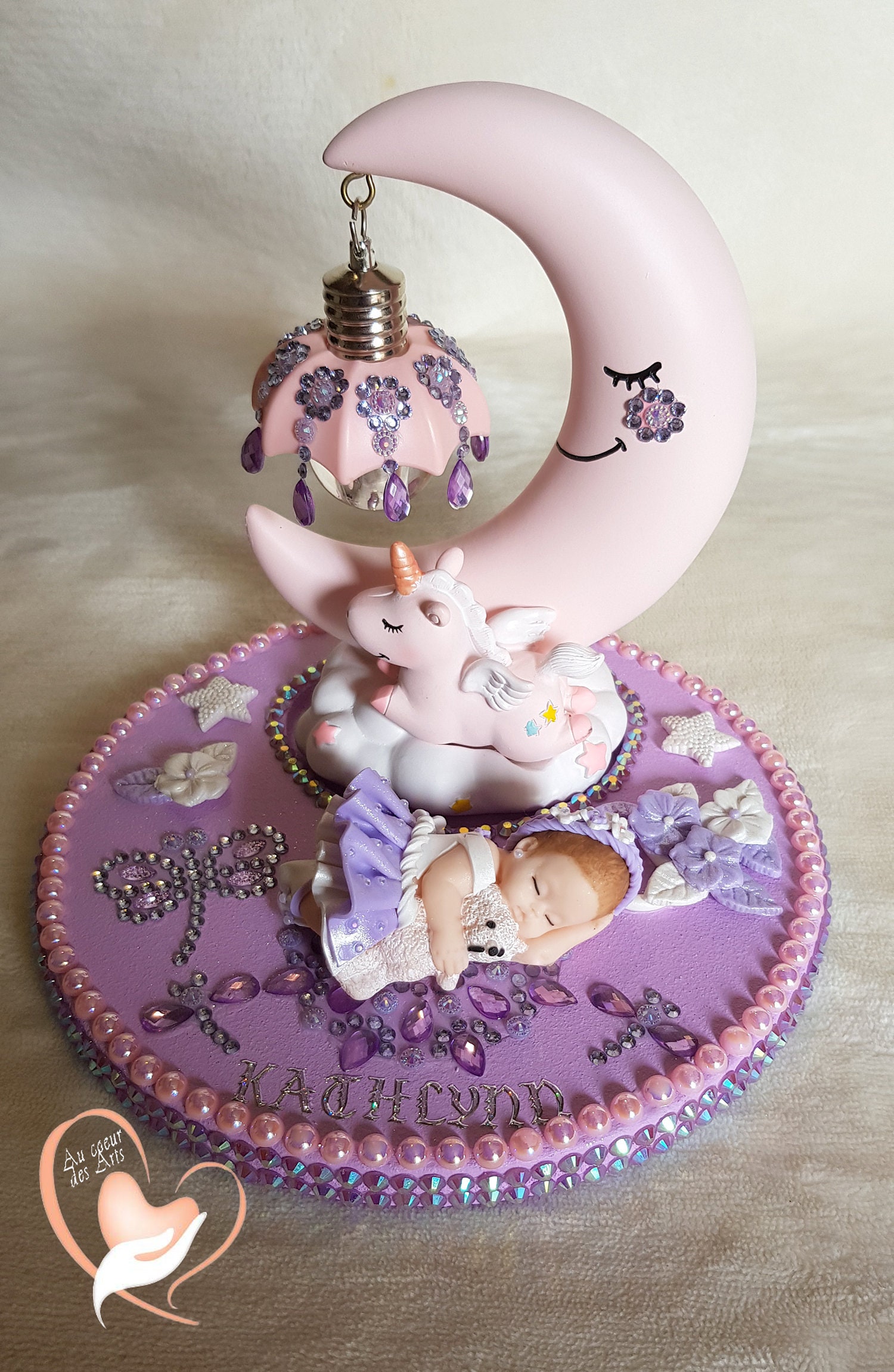 Veilleuse Lampe Licorne sur Socle en Bois Bebe Fille - Au Coeur Des Arts