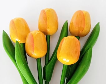 5x Wood tulips Yellow flower Cottagecore Holland Wooden tulip Gift for Mother Her Birthday Wedding Vase Spring flowers Rustic house decors