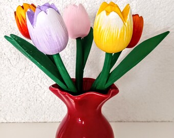 木製チューリップ5本入り花瓶。オランダの手作り花。木製チューリップ 
