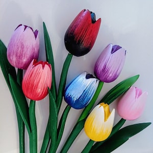7x Tall 13&#39;&#39; Wood tulips Wooden Tulip Hand painted Wedding flowers Vintage Holland Birthday flower gift for Mother Her Christmas Farmhouse