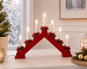Wunderschöner Vintage Electric 7 Licht Kerzen Schweden Rot Holz Skandinavischer hölzerner schwedischer Weihnachten Advents-Kerzenleuchter EU-Stecker Rustikal Bauernhaus