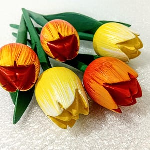 5 Wood tulips Yellow Orange Handmade flowers Holland Wooden tulip Artificial Faux Gift for Mother Wedding flower Christmas Vintage Rustic
