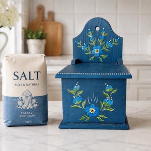 Fantastisk vintage saltlåda i blått trä med lock, svenskt handmålade blommor, förvaringsbehållare, kök, grov saltlåda, kryddförvaring, rustik present