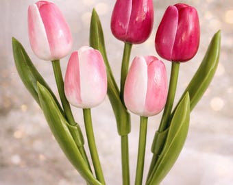 5x Wood tulips Pink flower Holland Wooden Artificial tulip Gift for Mother Her Birthday Wedding Vase decor Rustic Farmhouse Spring flowers