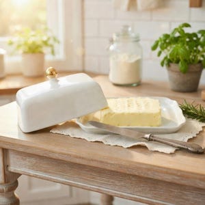 Schöne weiße Butterdose mit Deckel, Kochen Mama Geschenk, Frau, Vintage Keramik Butterdose, Lebensmittel sicher Küche Keramik Haushalt Retro Design