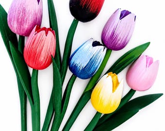 Set of 7 Tall 13'' Wood tulips Wooden Tulip Hand painted Wedding flowers Spring Vintage Birthday flower gift for Mother Wedding Christmas