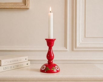 Vintage wood red candle holder Sweden folk art wooden candlestick Swedish Hand painted Farmhouse Rustic house decor flower painting Gift