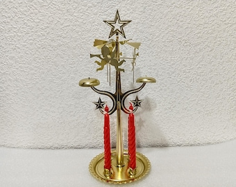 Vintage Swedish Gold Angel and 4 candles Chimes, Sweden Christmas, Christmas Angels Rotating Angel Candle Holder Carousel with red candles