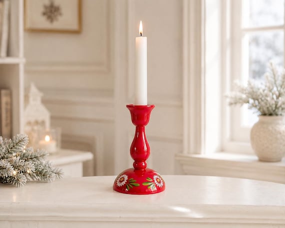 Vintage roter Kerzenhalter aus Holz, schwedische Volkskunst, handbemalt, rustikale Landhausdekoration, Weihnachts- und Adventsdekoration