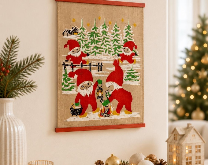 Amazing Swedish Vintage Christmas Wall hangings Decor Textile Scandinavian Christmas Santa Claus Gnome Elf Rustic Farmhouse Nordic Advent