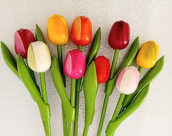 9x Wood tulips wood floral Spring flowers Vase decor Holland Wooden tulip gift for Mother Wedding Birthday Handmade Christmas house decors