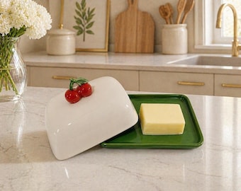 Preciosa mantequera de cerámica con tapa y diseño de cereza, estilo italiano, pintada a mano, ideal como regalo de cumpleaños o boda para madres, decoración rústica para el hogar.