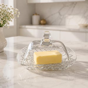May include: A clear, cut-glass butter dish with a lid, holding a yellow rectangular pat of butter. The dish sits on a marble countertop, with a white vase of flowers in the background. The butter dish is a classic kitchenware item.
