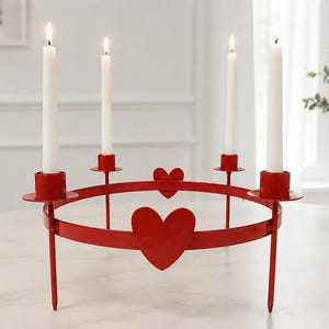 Vintage Scandinavian style red candle holder ring with hearts wreath base Swedish candelabra Sweden Wedding heart Advent Christmas decors