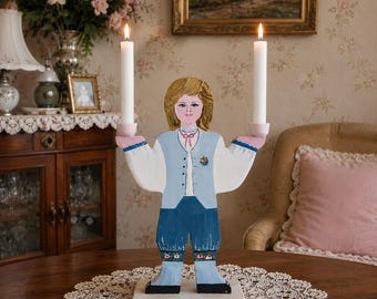 Beautiful Blue Swedish Traditional Boy Folk Art Costume dress Candle holder 2 Arms Vintage Sweden Wooden Rustic Farmhouse Traditional decor