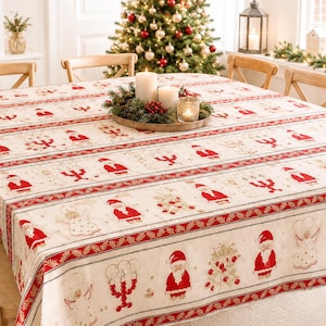 Stor 40x51 cm svensk vintage julduk med tomtar, skandinavisk bordslöpare, tomte, textil, tomteänglar, rustikt