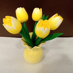 5x Wood tulips yellow with vase Handmade wood floral Spring flowers Cottagecore decor Holland Wooden tulip Christmas gift Farmhouse Rustic
