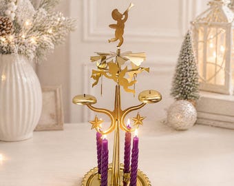 Vintage Swedish Angel and 4 candles Chimes, Sweden Christmas, Christmas Angels, Rotating Angel Candle Holder, Carousel with purple candles
