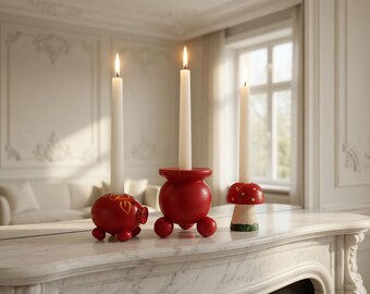 3 portacandele vintage svedesi a forma di maiale, fungo, mosca, amanita, candelabro, decorazione natalizia dipinta a mano, arte popolare svedese, stile rustico, regalo a forma di fungo