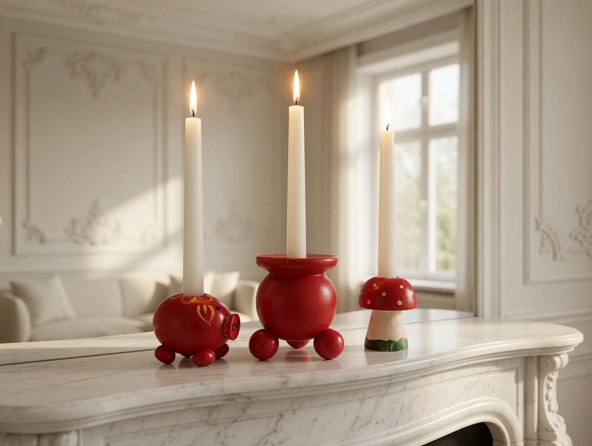 3x Swedish Vintage Canlde Holder Pig Toadstool Fly Agaric