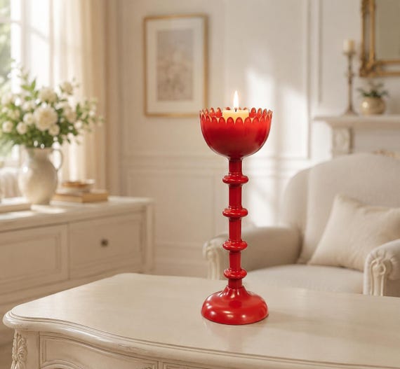 Large 13'' Vintage Swedish IKEA metal Red Candle holder Horfin candlestick Scandinavian Nordic Rustic house farmhouse Christmas Advent decor