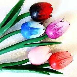 5x Tall 13&#39;&#39; Wooden tulips bouquet Wood Tulip Hand painted Vase decors Wedding flowers Vintage Holland Birthday flower gift for Mother Mum