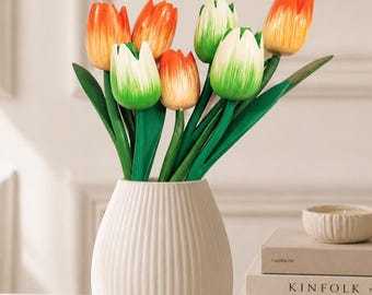 Increíble ramo de tulipanes de madera de 7 piezas de altura (33 cm), color naranja y blanco, flores artificiales. Ramo de cumpleaños vintage de Holanda, regalo para mamá o amiga.