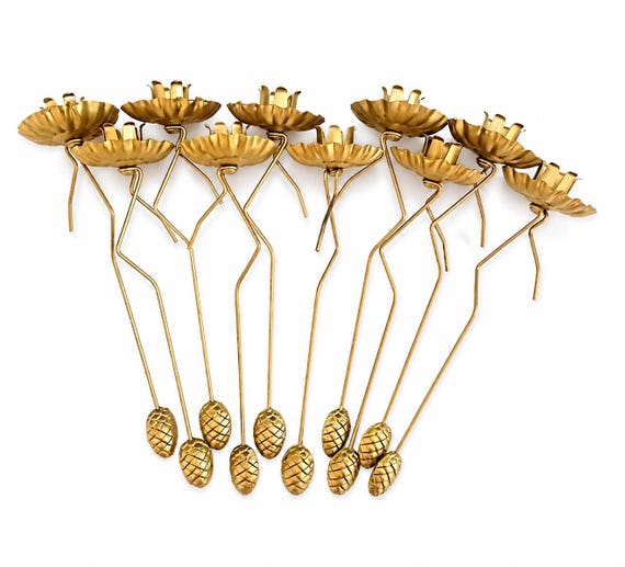 Set mit 10 goldenen Weihnachtsbaum-Kerzenhaltern, Pendel, schwedischer Vintage-Stil, Adventskalender, Waage, Gegengewicht, Tannenzapfen, Landhausstil