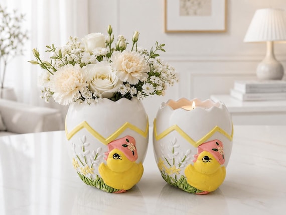 Set – Vintage-Kerzenhalter und Vase, Schweden, Skandinavisch, Weiß, Gelb, Ente, Rustikale Osterdekoration, Landhausstil, Rustikale Geschenkidee
