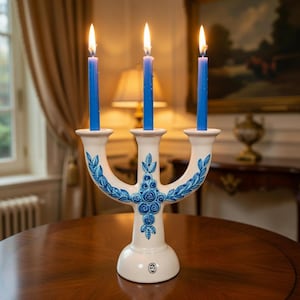 Beautiful Vintage Swedish candle holder white with blue ceramic candelabra 3 arms candlestick home decor Nordic Farmhouse Rustic Wedding