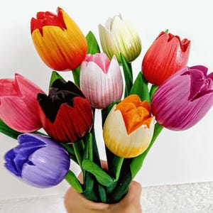 Wood tulips hand painted Unique Spring flowers bouquet Wooden Holland tulip gift for mom Mother Friend Wedding Birthday Farmhouse vase decor