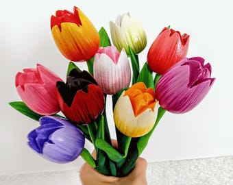 Wood tulips hand painted Spring artificial flowers bouquet Wooden Holland tulip gift for Mother Friend Wedding Birthday Mother's day Wife