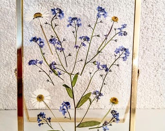 Pressed flower framed flower gift, botanical art collage Flower lovers gift Floral room decor pressed Forget me not flowers Gift for mother