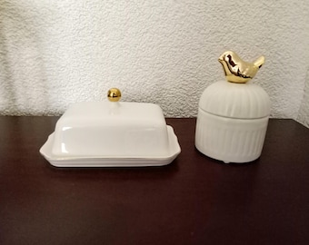 Precioso juego: mantequera con tapa y azucarero. Decoración de cerámica, regalo para mamá. Platos de estilo rústico sueco vintage. Decoración campestre rural.