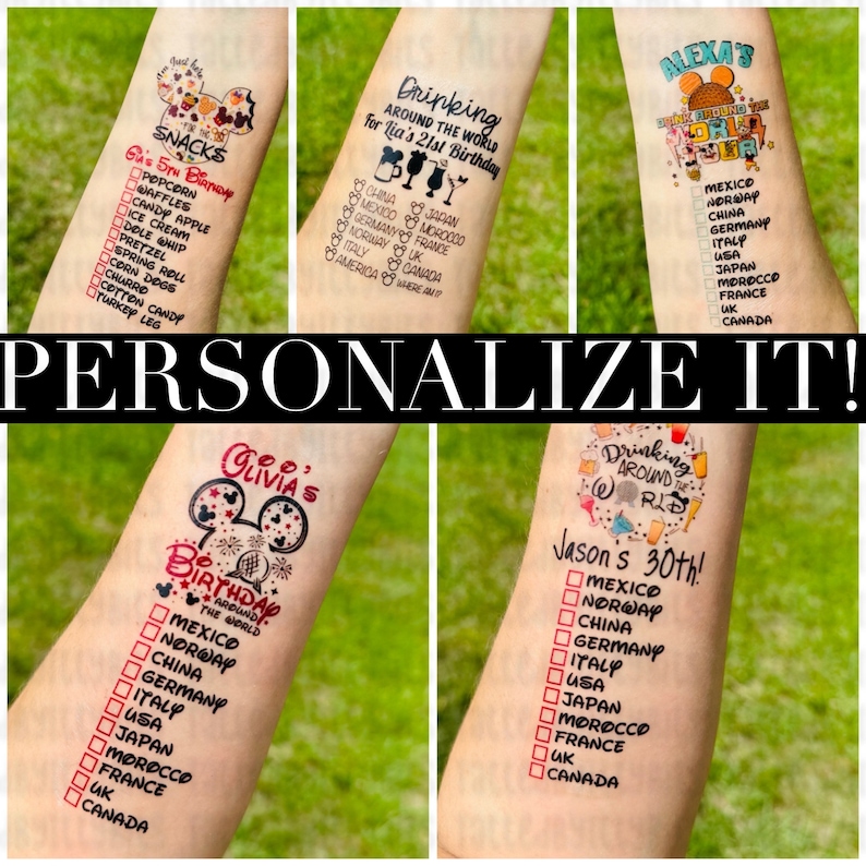 May include: Four temporary tattoo designs featuring a Mickey Mouse theme. Each design includes a list of countries with checkboxes next to each country name. The text on the tattoos includes "Drinking Around the World", "Jason's 30th", "Giu's Birthday", and "Alexa's Drinking Around the World".