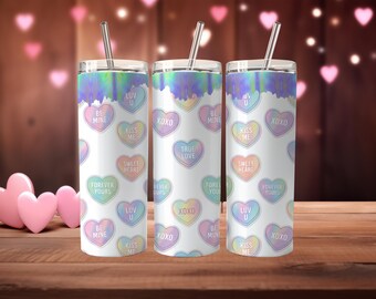 Valentines Conversation Heart Candy, Holographic, 20 oz Skinny Tumbler Sublimation Design Digital Download PNG Instant Tumbler Wrap
