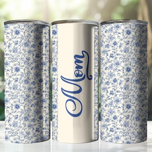 Mom Blue Toile de Jouy Tumbler png, cottagecore aesthetic, Girly 20 oz Skinny Sublimation Design Digital Download PNG Instant Seamless Wrap