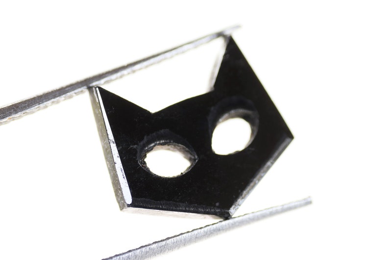 May include: A black cat face cutout with two holes for eyes, held in a pair of silver tweezers.