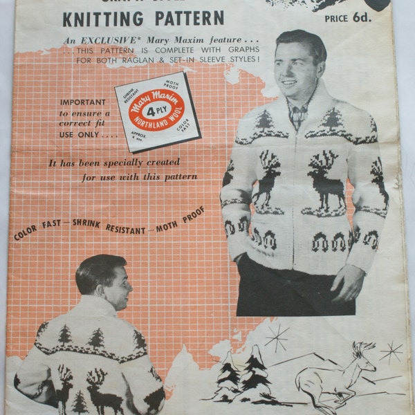 Vintage Mary Maxim Mens Reindeer cardign jacket graph knitting pattern christmas